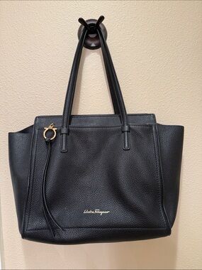 Salvatore Ferragamo Black Pebbled Leather Tote with Gold Hardware